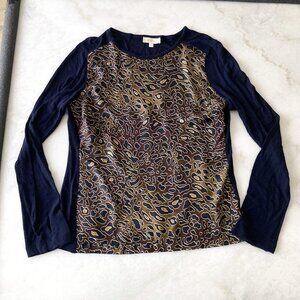 Tory Burch 100% silk front top / sweater, navy / brown / leopard print animal
